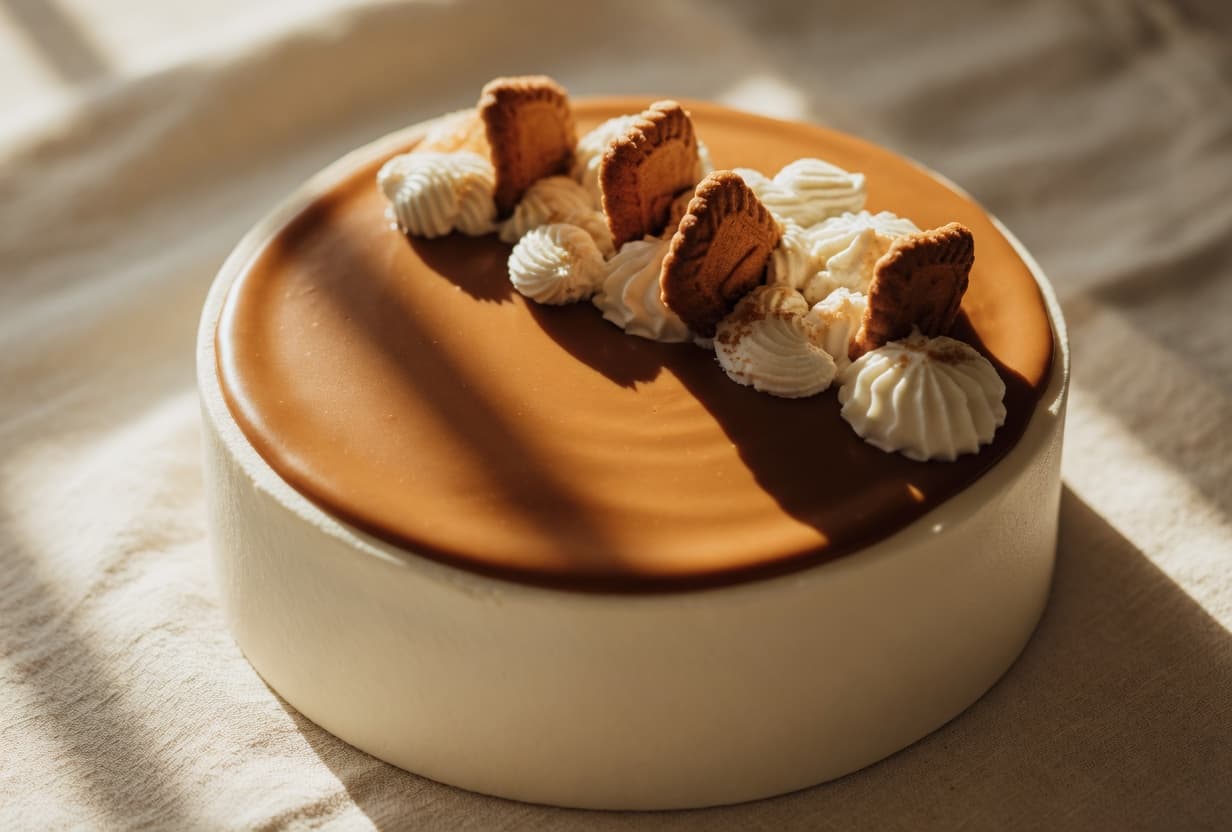 Biscoff chiffon cake with cream swirls and caramel biscuit topping