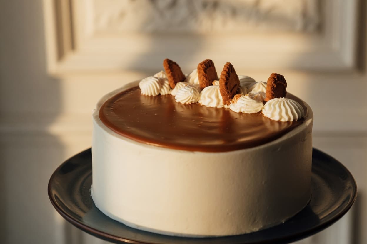 Biscoff chiffon cake in soft window light